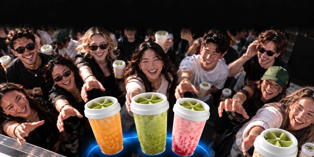 Unbranded campaign concept with people reaching for three colourful drinks