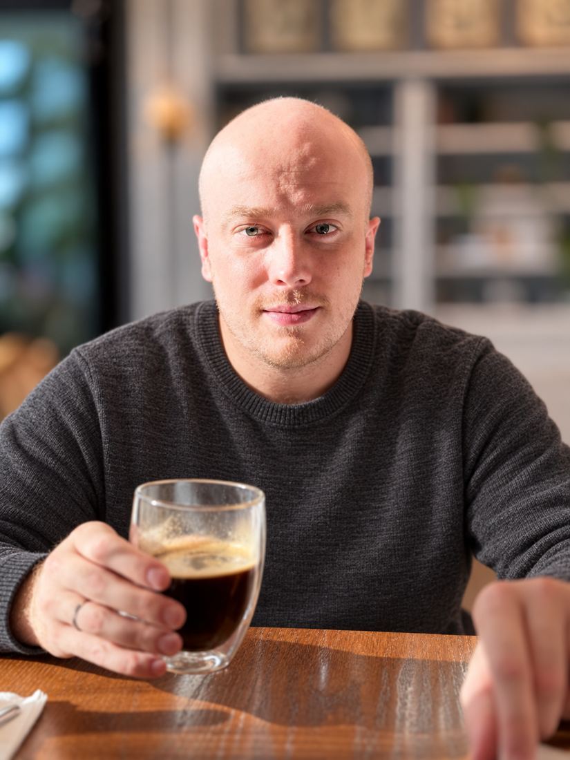 Nikita Dubinin sitting at a café table with a drink